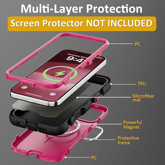 Follaroma Magnetic for iPhone 17 Pro Max Case with Camera Stand, Hot Pink | Built-in Glass Camera Cover Stand,Compatible with MagSafe,Heavy Duty Shockproof Protective,Military-Grade Anti-DropDual Case - Image 6