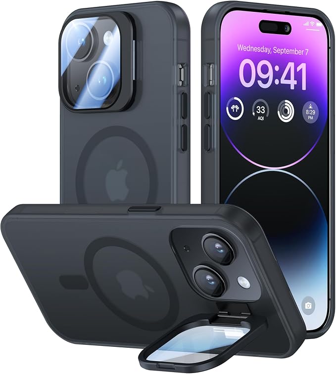 VOFATA for iPhone 15 Case with Camera Cover Stand [Built-in 9H Camera Lens Protector][Fit for Magsafe] Military Grade Shockproof Translucent Matte Magnetic Phone Case 6.1", Black by VOFATA
