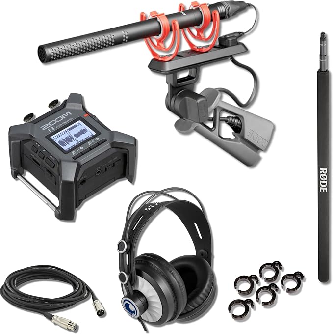 Rode NTG5 Shotgun Mic Bundle with Zoom F3 32-Bit Float Recorder, Micro Boompole, XLR Cable, and Cans50 Headphones — 10 dBA Supercardioid Field Mic Kit for Filmmaking, Documentary, Vlogging, Journalism by StreamEye