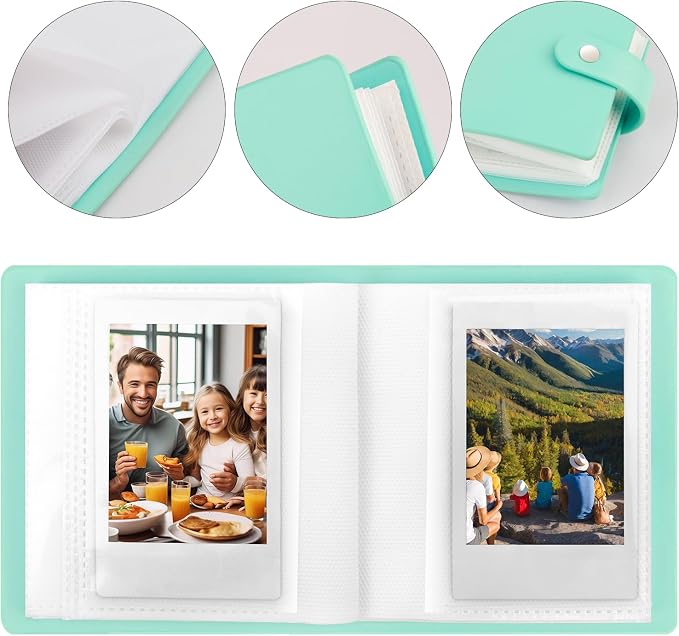 Ruibytree 52 Pockets Small Photo Album 2x3 for Instax Mini, Green, 1 Pack | Pocket-Size, PU Leather Cover, Snap Closure, Acid-Free Pages, Fits Polaroid 2x3 Photos, Kodak Mini Prints & ZINK Photos - Image 3