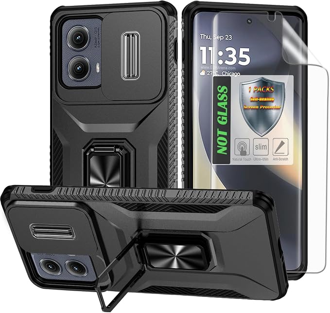 for Moto Edge 2024 Case,with Sliding Camera Lens Cover,HD Screen Protector,360° Rotating Ring Kickstand, Military-Grade Shockproof Protective Cover for Motorola Moto Edge 2024,Black by AYMECL
