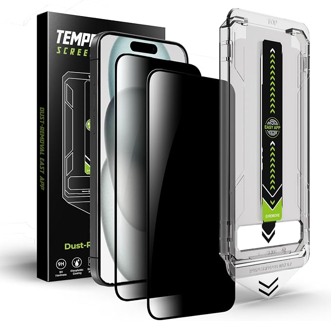 2 Pcs Privacy Screen Protector for iPhone 15/16 6.1" | Tempered Glass, Auto Dust-Elimination Installation, 9H Hardness, Bubble Free, Easy Installation, Anti-Spy, Case Friendly by BIGFLYANTS