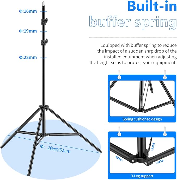 Neewer 6.23 Feet/190CM Aluminum Light Tripod Stands For Studio Kits, Photography Lights, Softboxes(Black,2 Pack) | For Studio Kits, Photography Lights, Softboxes, Black - Image 3