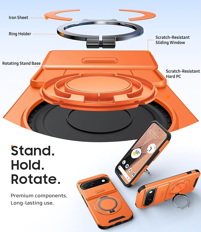 JAME for Google Pixel 10 Pro XL/11 Pro XL Case, Stand & Slide Camera Cover | Ring Holder Kickstand, Screen Protectors, Dual-Layer Shockproof Protective, Magnetic Accessory Friendly Phone Case, Orange - Image 7