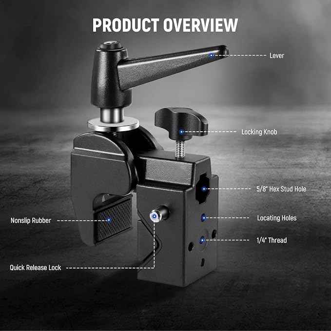 NEEWER Super Clamp with 5/8" Stud, Spring Lock, 2.4"/6cm Jaw Grip Heavy Duty Crab Pole Clamp for Round Pipe Flat Surface, for Photography Studio Camera & Lighting Mounting, Max Load 33lb/15kg, UA017 | Heavy Duty Crab Pole Clamp, for Round Pipe Flat Sur... - Image 2