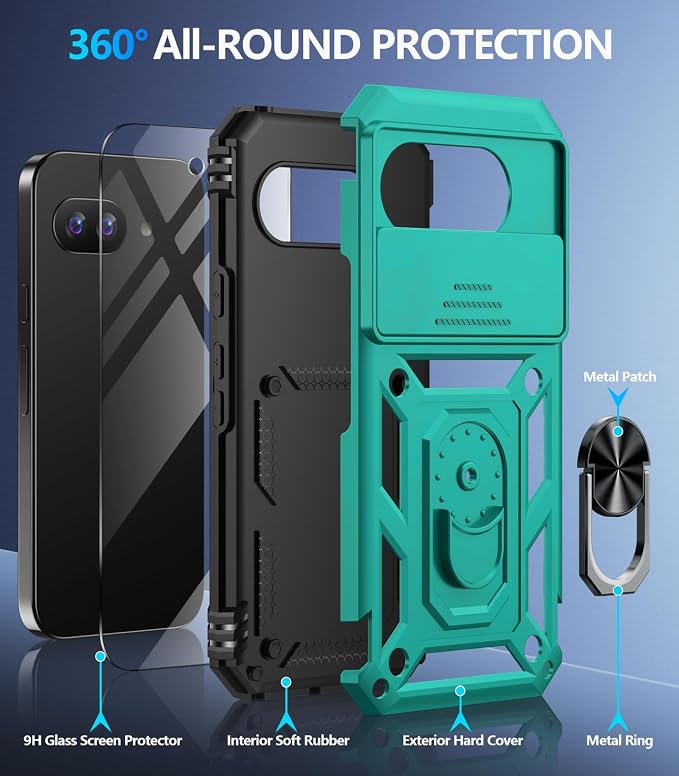 Taisairu for Google Pixel 9A Case with Screen Protector & Slide Camera Lens Cover,Built-in 360°Rotate Magnetic Ring Stand Shockproof Protective Phone Case for Google Pixel 9A Case(Mint Green) - Image 2