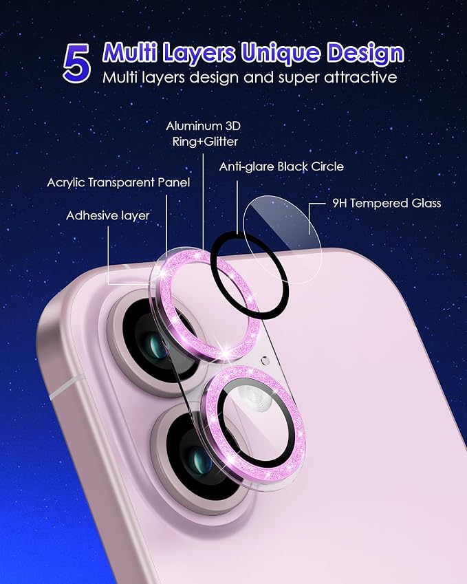 Compatible for iPhone 17 /iPhone 16 /iPhone 16 Plus Camera Lens Protector Glitter, Clear Acrylic Plus Aluminium Alloy Ring 9H Tempered Glass Screen Camera Cover Glitter Pink+Pink - Image 3