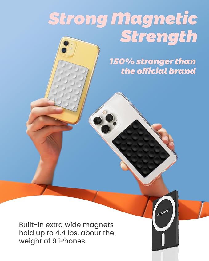 amBand Magnetic Sticky Phone Suction Grip for MagSafe, Removable for Wireless Charging, Durable Magnet Silicone Portable Mount Stand for iPhone 12 13 14 15 16 17 Series, Hands-Free Video/Selfie, Black - Image 3