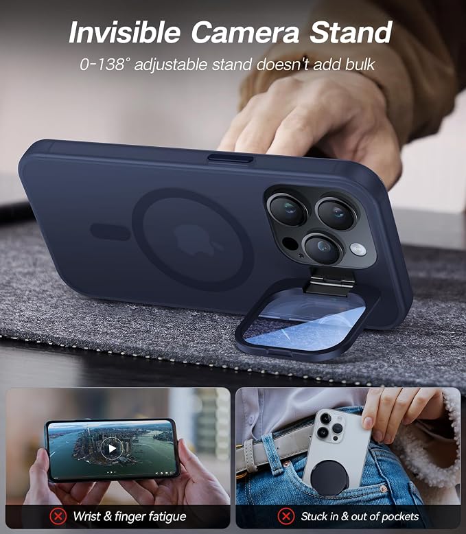 VOFATA for iPhone 14 Pro Max Case with Camera Cover Stand [Built-in 9H Camera Lens Protector][Fit for Magsafe] Military Grade Shockproof Translucent Matte Magnetic Phone Case 6.7", Blue - Image 3