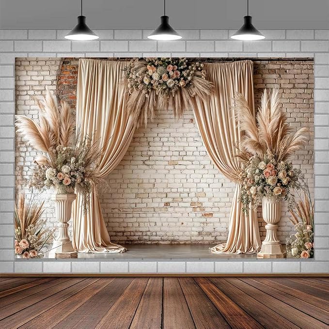 10X8ft Boho Floral Wedding Backdrop Vintage Flowers Brick Wall Background Photography Backdrops for Parties Wedding, Girls Birthday Princess Weeding Bridal Shower Floral Anniversary Ceremony Decor by JAWO