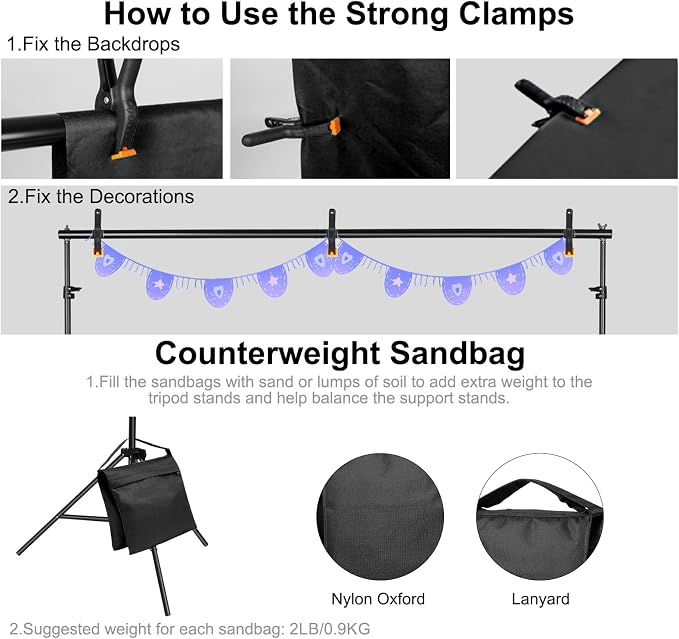 10x7ft Adjustable Photography Backdrop Stand Kit – Photo Studio Background Support with 4 Crossbars, 4 Clamps, 2 Sandbags (with 9 * 6 Feet Green Backdrop Curtain) - Image 4