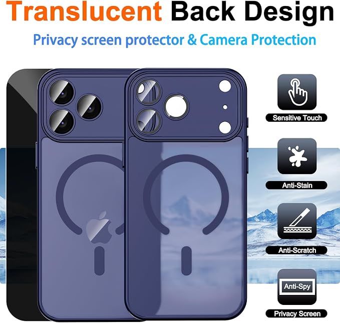 Magnetic for iPhone 17 Pro Case with Privacy Screen Protector, Blue | Full Camera Protection, Compatible with MagSafe, Translucent Matte Shockproof Phone Protective Cover for iPhone 17Pro - Image 2