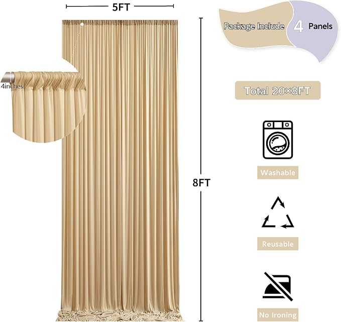 20 ft x 8 ft Thick Champagne Backdrop Curtain for Wedding Parties, 4 Panels 5 ft x 8 ft Wrinkle Free Polyester Champagne Photography Backdrop Drapes, Birthday Party Home Decoration Supplies - Image 6