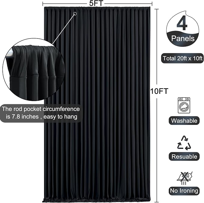 4 Panels Black Backdrop Curtain for Parties Wrinkle Free Black Photo Curtains Backdrop Drapes Fabric Decoration for Birthday Party Wedding 20ft(W) x 10ft(H) - Image 5