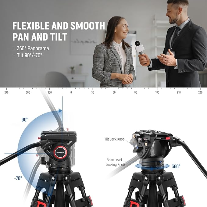 NEEWER 74" Video Tripod with Fluid Head & Damping Control, Aluminum Heavy Duty Camera Stand Professional with QR Plate for DSLR Camcorders for Video Recording, Cleaning Cloth, Max Load 17.6 lbs, TP74 - Image 3