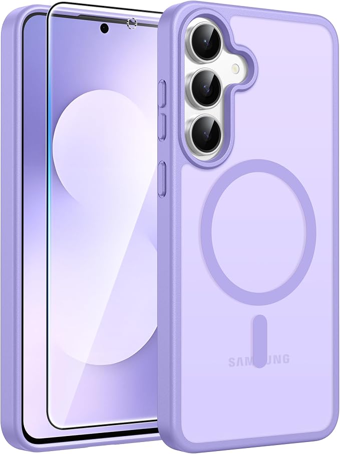 FNTCASE for Samsung Galaxy S25 FE Case, Fit for Magsafe, Screen Protector | Translucent Matte Magnetic Back, 14FT Military Grade Drop Protection, Slim Shockproof Protective Phone Cover, Light Purple by FNTCASE