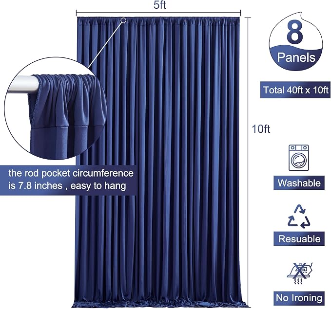 8 Panels Navy Blue Backdrop Curtain for Parties Wrinkle Free Photo Curtains Backdrop Drapes Fabric Decoration for Wedding Birthday Party Baby Shower 40ft(W) x 10ft(H) - Image 5