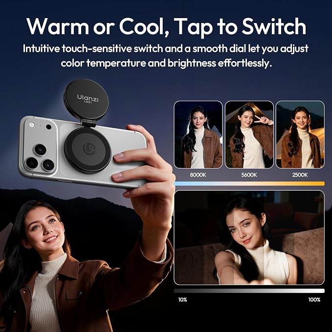 ULANZI LM21 Dual Sided Magnetic Selfie Ring Light for Phone with Magsafe | for iPhone/Android, 8000K CRI≥95, Touch Control, Extendable, Rechargeable, for Vlog,Video Call,TikTok,Video Call,Live Stream - Image 4