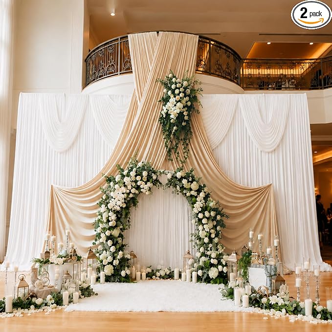 10x16 ft Champagne Backdrop Curtains for Weddings, Birthdays and Photos | 2 Panels 5x16 ft, Wrinkle-Free Polyester Drapes, Washable, Ironable, 4 in Rod Pocket for Baby Showers and Graduations by PartyVillage