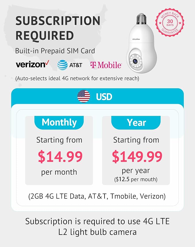 LaView 4G LTE Cellular Light Bulb Security Camera,360°2K Security Cameras Wireless Outdoor Indoor 4MP Full Color Day and Night,Motion Detection, Audible Alarm,Easy Installation,Compatible with Alexa - Image 2