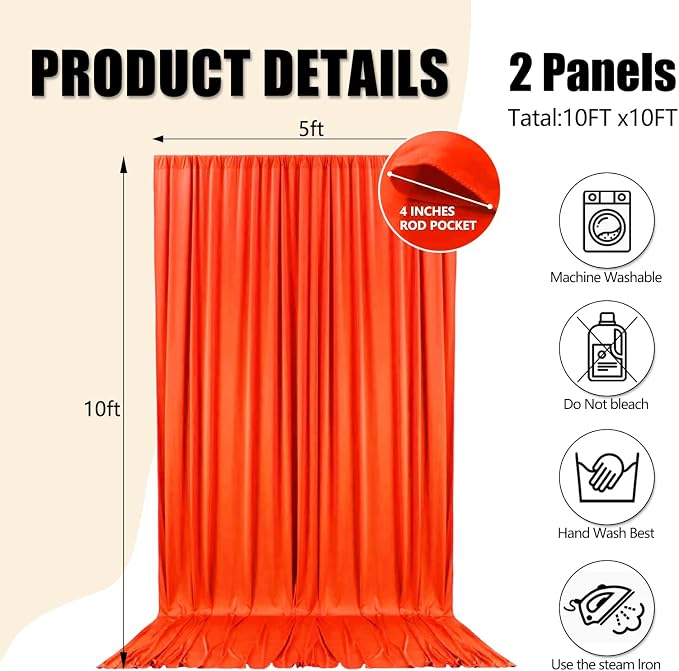 10ft x 10ft Deep Orange Backdrop Curtains for Parties, Polyester Fabric Backdrop Drapes with Rod Pockets for Weddings, Birthday, Halloween,Christmas Party Background Curtain, 2 Panels - Image 2