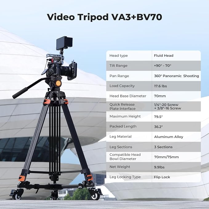 K&F CONCEPT 80" Video Tripod with Fluid Head | Heavy Duty Aluminum Tripod, Smooth Damping, Quick Release Plate for DSLR/Mirrorless/Camcorder, Max Load 17.6lb, VA3+BV70 - Image 3