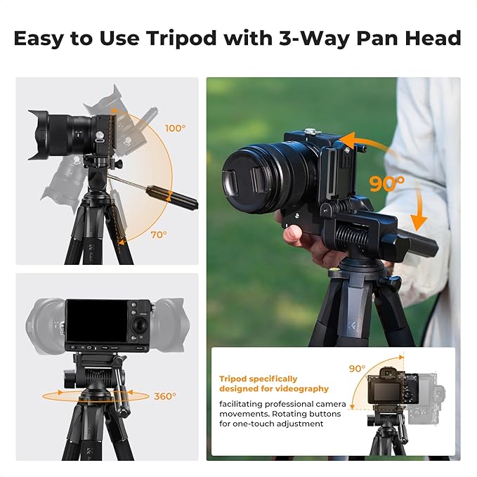 K&F CONCEPT 75" Aluminum Camera Tripod, Lightweight and Compact for Travel | Compatible with Canon Nikon DSLR Camera, Cellphone Clip and Remote Control for Shooting and Video Recording S255A3+BV01 - Image 6