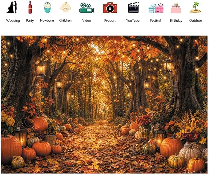 Fall Autumn Forest Photography Backdrop 8x6ft Autumn Woodland Pumpkin Maple Leaves Background Fall Thanksgiving Orange Flowers Seasonal Party Decorations Banner Vinyl - Image 2