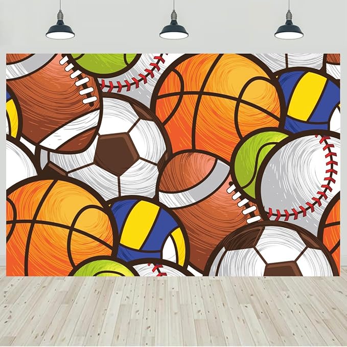 10x8ft Sports Backdrop Kids Sports Theme Birthday Baby Shower Party Photography Background Cartoon Basketball Football Baseball Decorations Banner Kids Portraits Photo Studio Props by CkihgennDecors