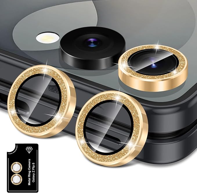 for Samsung Galaxy Z Flip 8 Camera Lens Protector, Individual Metal Ring Tempered Glass Lens Cover, [Strong Adsorption] Scratch Resistant Ultra-Thin HD Clear Lens Cover, 1 Set-Gold Sparkly by Btscase