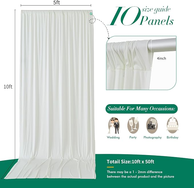 50 ft x 10 ft Wrinkle Free Ivory Backdrop Curtain for Wedding Parties, Fabric Ivory Photo Backdrop Drapes 10 Panels 5x10ft for Baby Shower Photoshoot Engagement Birthday Party Photography Background - Image 6