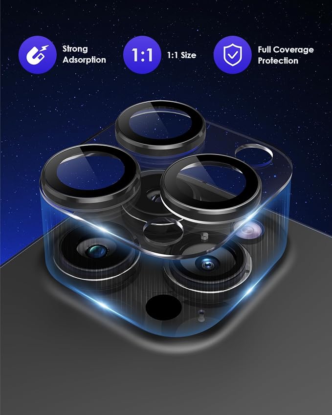 Compatible for iPhone 16 Pro Max/iPhone 16 Pro/iPhone 14 Pro/iPhone 14 Pro Max Camera Lens Protector, Clear 9H Tempered Glass Screen Camera Cover Black - Image 4