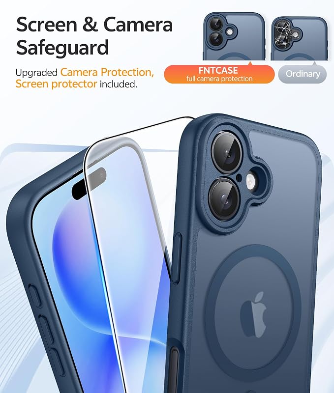 FNTCASE for iPhone 16 Plus Case, Fit for Magsafe, Screen Protector, Blue | Full Camera Protection, Translucent Matte, 14FT Military Grade Drop Proof, Shockproof Protective Phone Cove - Image 4