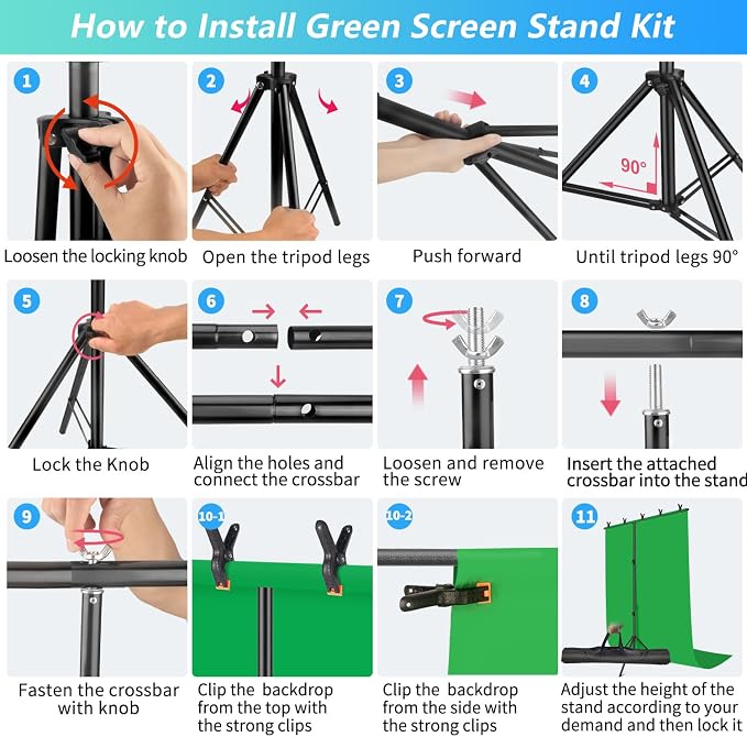 Green Screen Backdrop Kit with Stand, 5X6.5ft Portable Green Screen Backdrop with Stand kit, GreenScreen Background with Stand Carrying Bag Clamp for Streaming Video Zoom - Image 7