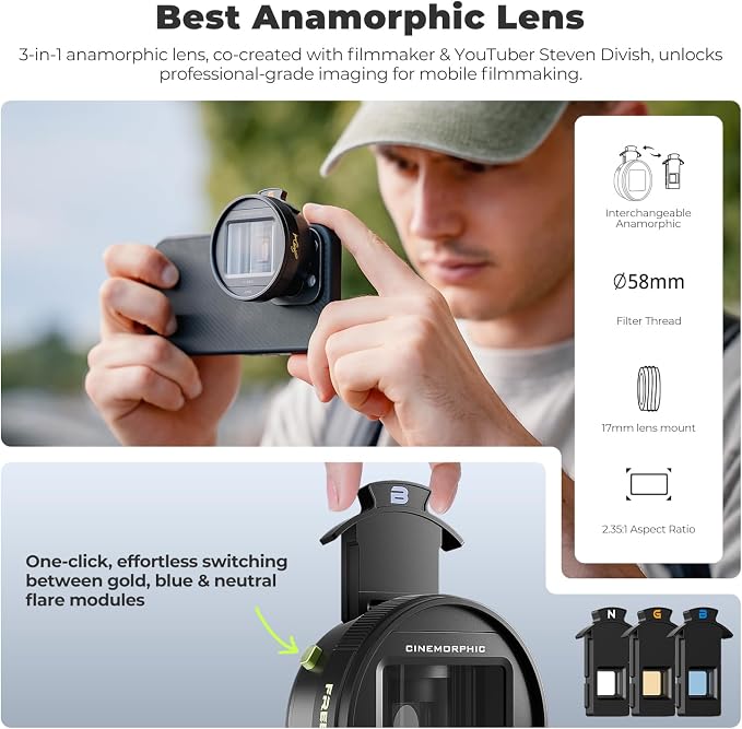Freewell 1.33x Anamorphic Lens for iPhone & Samsung - 3 Flare Colors in One Lens (Neutral, Gold, Blue) - Cinematic Smartphone Lens with Oval Bokeh - Compatible with 17mm Mount Phone Case & Cage. - Image 3