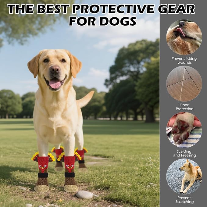 EXPAWLORER Thanksgiving Anti Slip Dog Socks to Prevent Licking Paws,Boots & Paw Protectors with Grippers,Doggie Booties for Hardwood Floors for Small Medium Large Senior Dogs Lifelike Costume Turkey M - Image 8