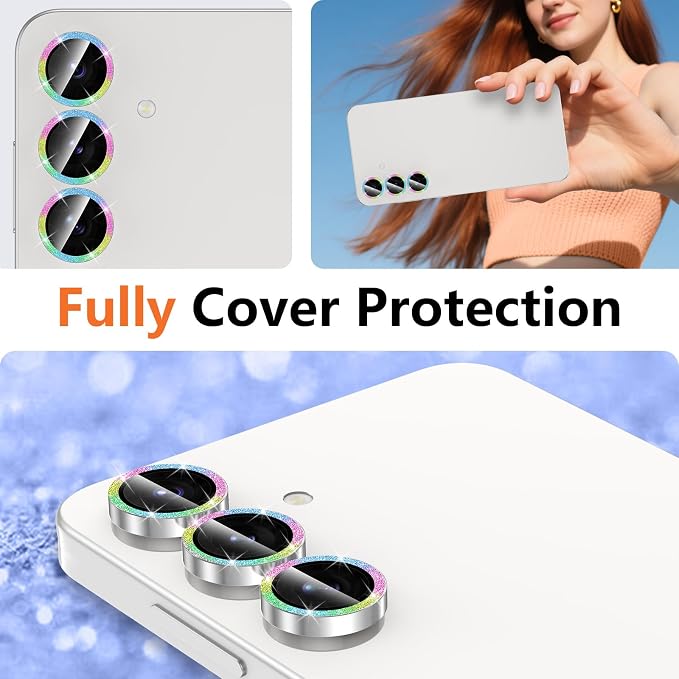 for Samsung Galaxy S25 FE Camera Lens Protector, Individual Metal Ring Tempered Glass Lens Cover, [Strong Adsorption] Scratch Resistant Ultra-Thin HD Clear Lens Cover, 1 Set-Colorful Sparkly - Image 8