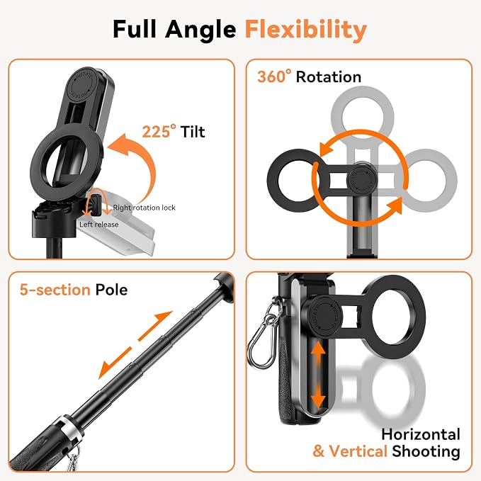 CloudValley Magnetic Mini Selfie Stick Tripod, 4-in-1 Pocket Size Phone Tripod with 360° Rotation, Choice Rechargeable Bluetooth Remote, Foldable Handle Grip, Compatible with MagSafe iPhone - Image 5