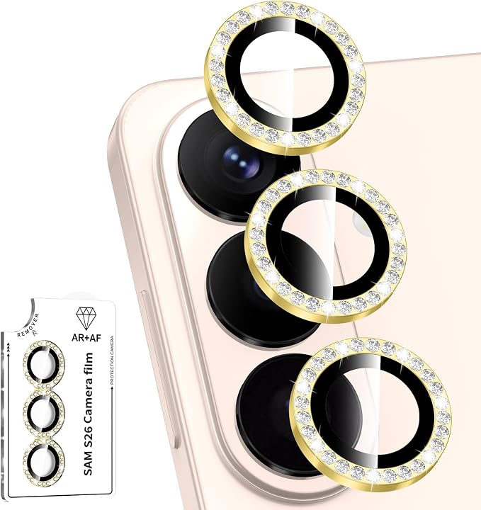 for Samsung Galaxy S26 Camera Lens Protector, Individual Metal Ring Tempered Glass Lens Cover, [Strong Adsorption] Scratch Resistant Ultra-Thin HD Clear Lens Cover, 1 Set-Gold Diamond by Btscase