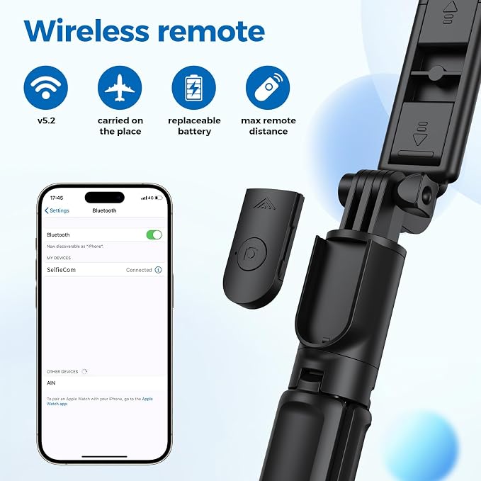 Selfie Stick Tripod, Retractable Selfie Stick Tripod with Wireless Remote Control, for Photograph, Live Streaming, Video Recording, Compatible with Android, iPhone and More - Image 5