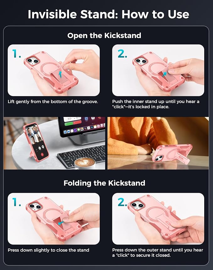 Goton 3 in 1 for iPhone 14 Case with Privacy Screen Protector Pink | Glass Camera Lens Protector,Compatible for MagSafe,Invisible Kickstand, Shockproof Phone Cover for iPhone14 - Image 7