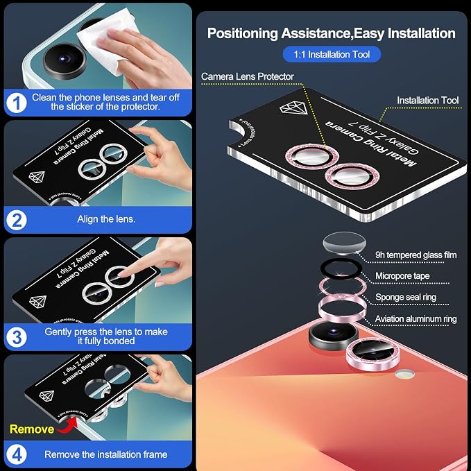 for Samsung Galaxy Z Flip 7 Camera Lens Protector, Individual Metal Ring Tempered Glass Lens Cover, [Strong Adsorption] Scratch Resistant Ultra-Thin HD Clear Lens Cover, 1 Set-Pink Sparkly - Image 6