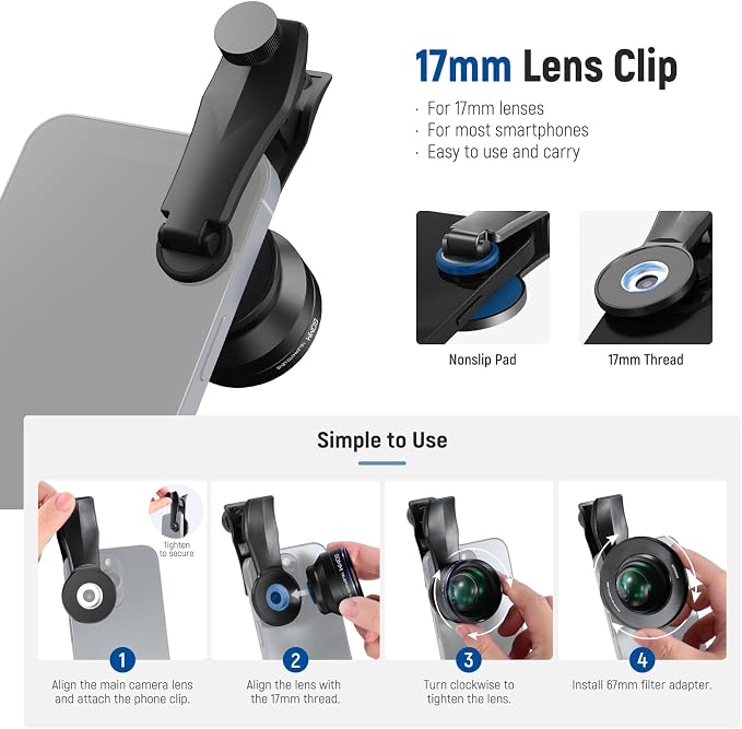 NEEWER 60mm Telephoto Lens with 17mm Thread Phone Lens Clip & 67mm Filter Adapter Ring, 2X Magnification Compatible with iPhone Samsung, LS-41 PRO - Image 7