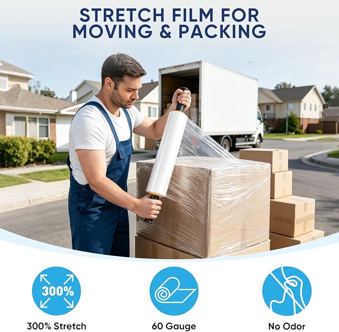 TICONN 2Pk Stretch Wrap Stretch Film Roll, 1000ft Industrial Strength 15 inch Wide Clear Plastic Wrap with Handles for Pallet Wrapping Shipping Moving - Image 5
