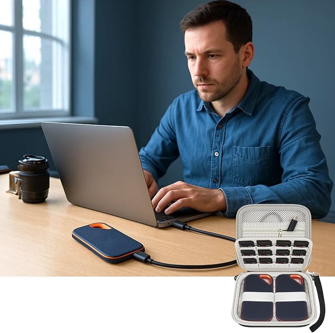 PAIYULE Dual SSD Case for 2 SanDisk Extreme Portable SSDs & Extreme PRO | Elastic Straps Secure Two Drives, Mesh Pocket Organizes Cables, Carabiner Adds Portability, Grey, Case Only - Image 7