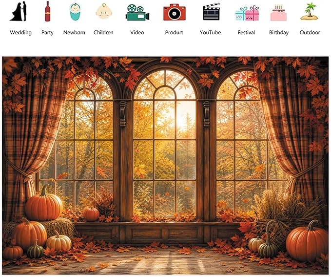 Autumn Fall Window Backdrop 12x10ft Rustic Wooden Arched Window with Pumpkin Maple Leaves Thanksgiving Harvest Photo Background for Party Decor Portrait Photography Booth Props Vinyl - Image 2