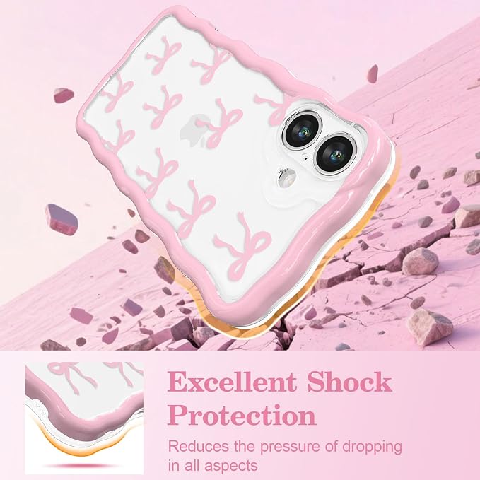 QLTYPRI for iPhone 16 Pink Bow Case, Clear Cute Pink Ribbon Bow Phone Case Curly Wavy Aesthetic Phone Cover, Soft Slim Transparent TPU Shockproof Protective Cover for Women Girls - Ribbon Bow - Image 4
