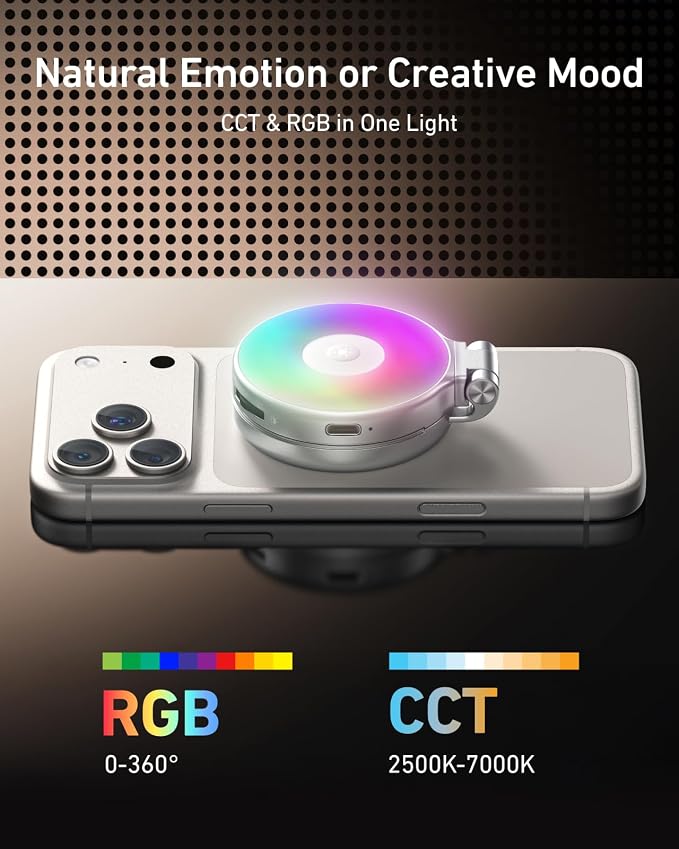 TELESIN 4-in-1 RGB Selfie Light with Mirror for Phone | 4 in 1 Magnetic RGB Light with Makeup Mirror and Phone Stand, Rechargeable Clip-On Light for TikTok, Vlog, Selfie, Makeup - Image 4