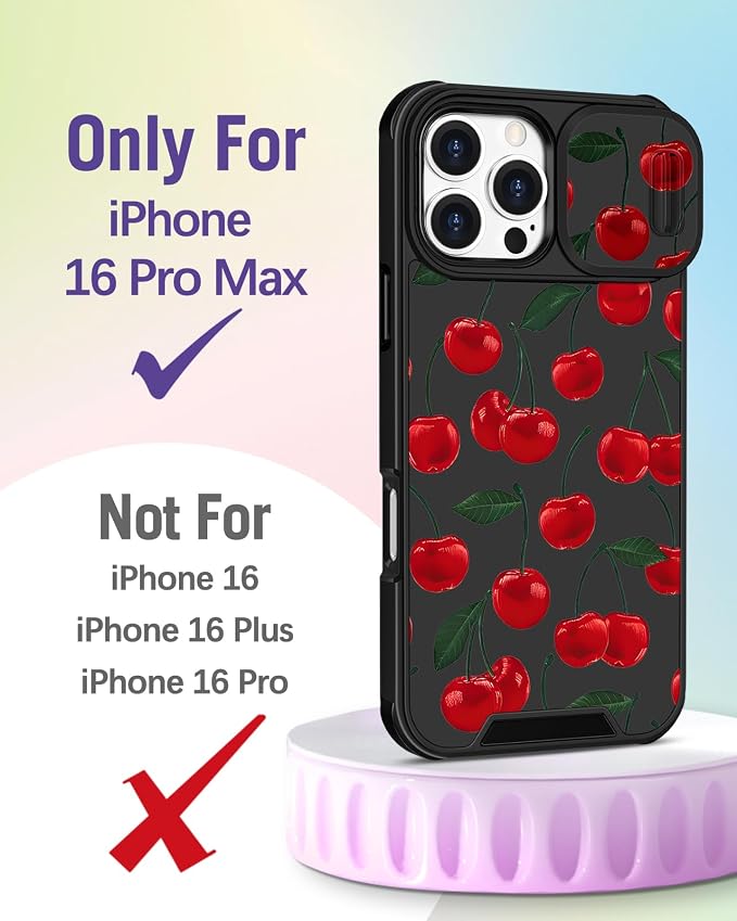 Buleens for iPhone 16 Pro Max Case 6.9 Inch - with Ring Stand & Camera Cover Aesthetic Cute Designed for Women Girls Girly Pretty Kawaii Cherry Phone Case for iPhone 16 Pro Max Compatible with Magsafe - Image 2
