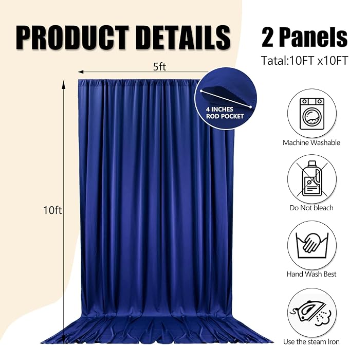 10ft x 10ft Royal Blue Backdrop Curtains for Parties, Polyester Fabric Backdrop Drapes with Rod Pockets for Weddings, Birthday, Photography, Mother's Day, Graduation Party Background Curtain, 2 Panels - Image 2